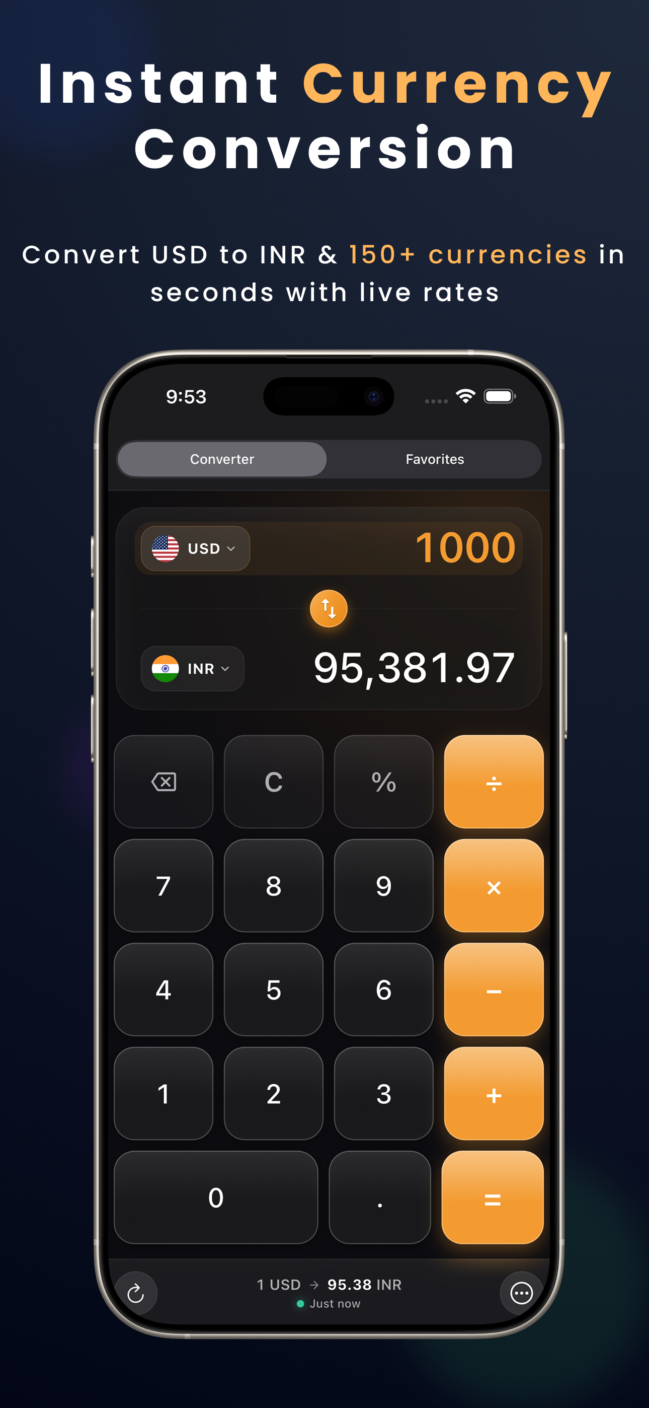 Instant currency conversion with live USD to INR rates