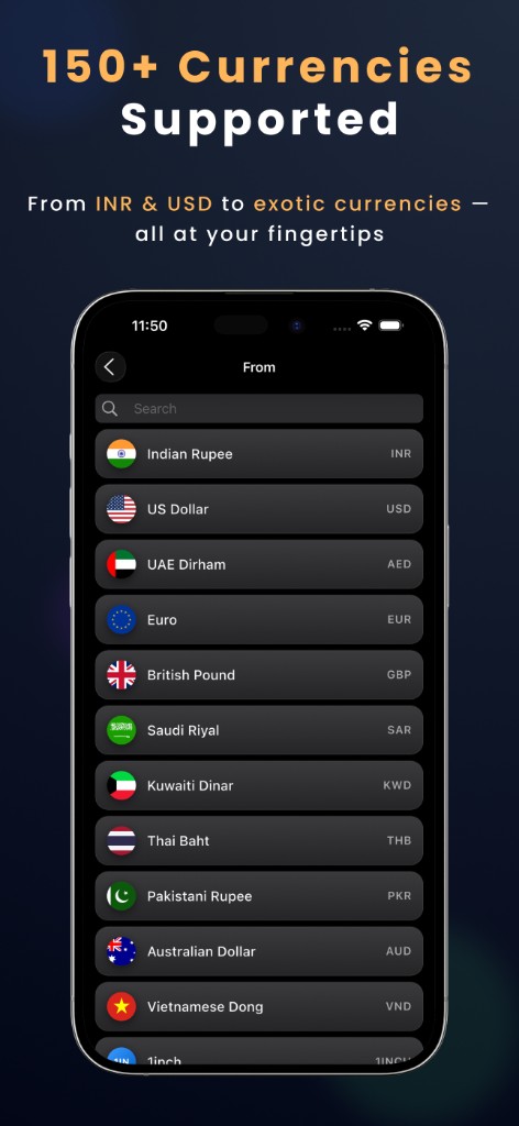 150+ currencies with fast search