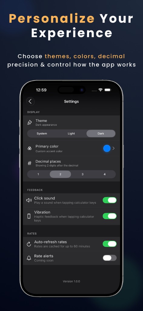 Settings for themes, colors, and decimal precision