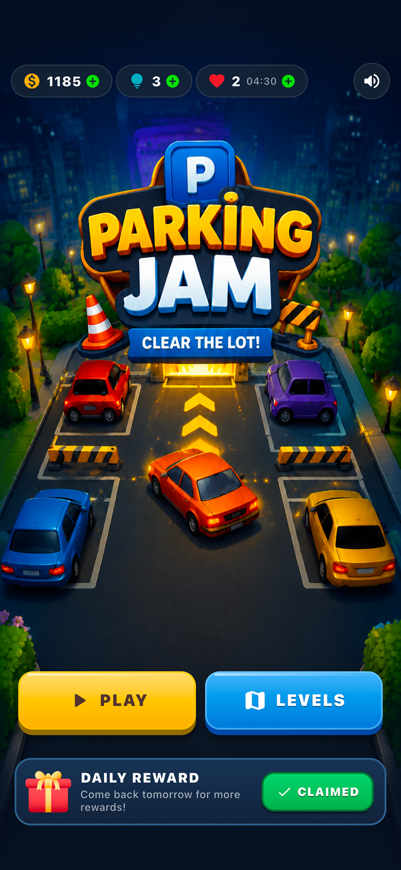 Parking Jam level with colorful cars in a crowded lot