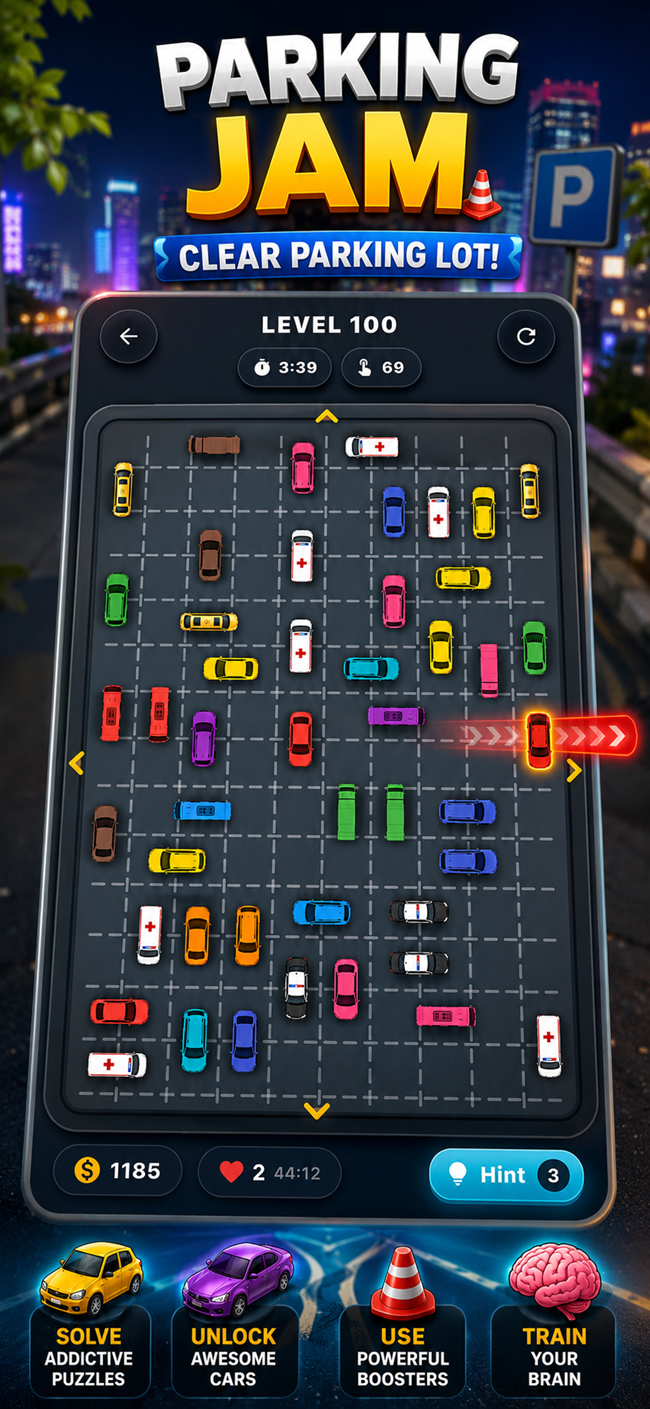 Strategic car movement puzzle gameplay